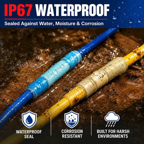 IP67 Waterproof heat shrink connectors showcasing water resistance for quick garage wiring repair and Main Street fixups.