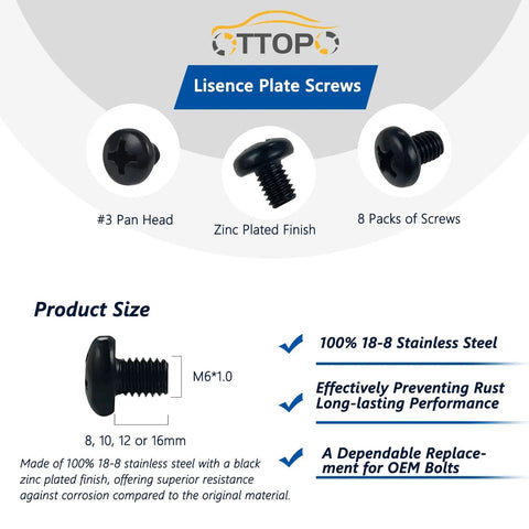 Black M6-1.0 X 10mm Rear License Plate Screws 18-8 Stainless Steel Phillips Pan Head Bolt-On Compatible With Audi And VW 8 Pack