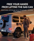 Man refueling SUV with Rechargeable Cordless Fuel Transfer Pump 2.7 GPM Model X1 Ultra with 6000mAh battery, using gas canister.