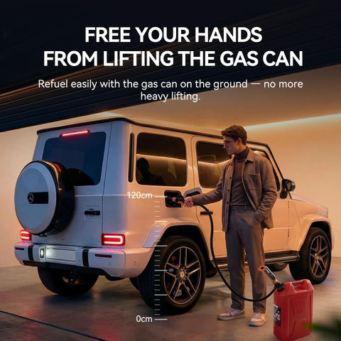 Man refueling SUV with Rechargeable Cordless Fuel Transfer Pump 2.7 GPM Model X1 Ultra with 6000mAh battery, using gas canister.