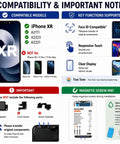 Compatibility and features chart for iPhone XR screen replacement, detailing Face ID, touch functions, and screw mat guide.