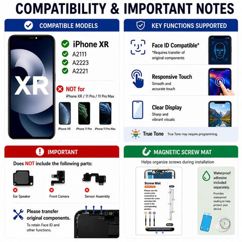 Compatibility and features chart for iPhone XR screen replacement, detailing Face ID, touch functions, and screw mat guide.