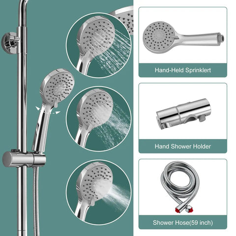Exposed Chrome Shower System With 8 Inch Rainfall Shower Head, round bathroom fixture, ABS handheld sprayer and accessories