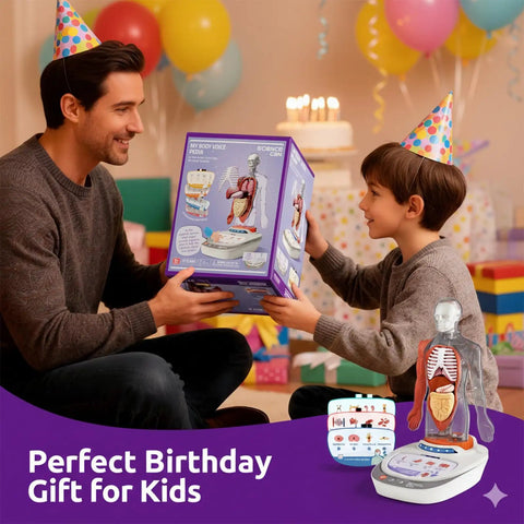 Father and son with Interactive Human Anatomy Model For Kids on birthday, showing anatomy kit box and model at party