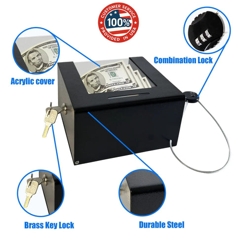 Heavy Duty Steel Countertop Tip Box With Combo Cable Lock Secure Cash Collection Jar For Restaurants And Shops Keep That Dough Safe with cash and locks.