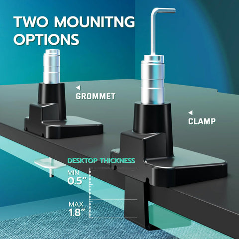 Heavy Duty Monitor Arm for 24 to 57 Inch Screens mounting options showing clamp and grommet styles with adjustable desktop thickness.