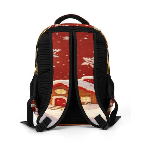 Back view of Red Winter Xmas Scene Printed Unisex Backpack Large Capacity Crafted From Durable Polyester With Breathable Panels