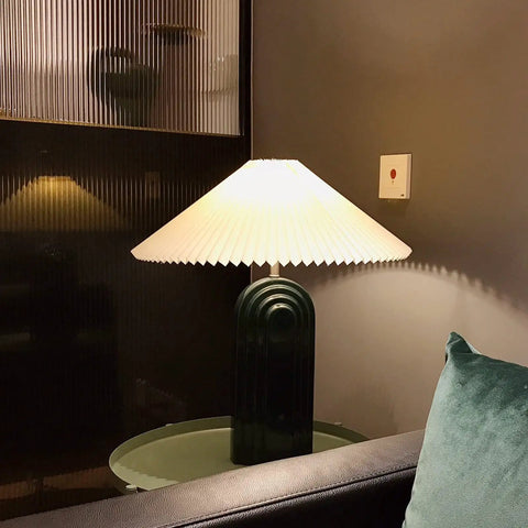 LED Bedside Table Lamp With Pleated Shade Cream Ceramic Retro Rural Style Ambient Light For Bedroom Living Room Porch Or Office