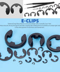 211 Piece E Clip Retaining Ring Set With 14 Sizes 65Mn Steel Heat Treated External Circlips With Tweezers For Gears Machinery And Automotive DIY Projects Durable Retaining Rings.