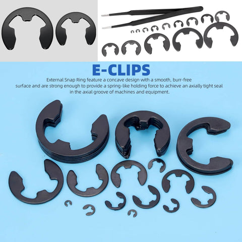 211 Piece E Clip Retaining Ring Set With 14 Sizes 65Mn Steel Heat Treated External Circlips With Tweezers For Gears Machinery And Automotive DIY Projects Durable Retaining Rings.