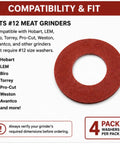 Fiber Thrust Washer For Number 12 Meat Grinders, 4 Pack, Compatible With Hobart LEM Biro Torrey Pro-Cut Weston Avantco And More, 1-5/16 Inch Outer Diameter By 3/4 Inch Inner Diameter By 0.125 Inch Thick, Commercial Replacement Part. red fiber washer label for #12 meat grinders, 4 pack