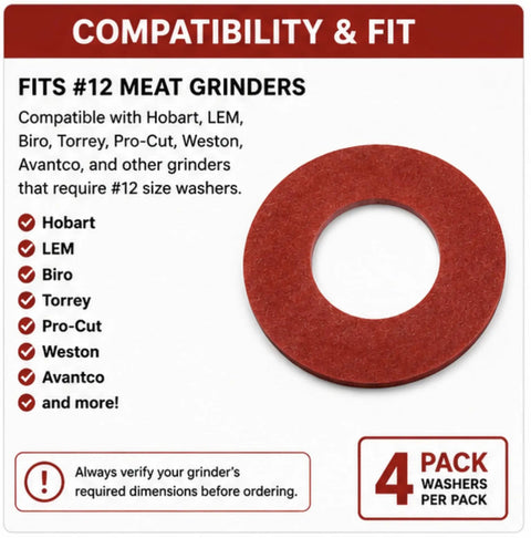 Fiber Thrust Washer For Number 12 Meat Grinders, 4 Pack, Compatible With Hobart LEM Biro Torrey Pro-Cut Weston Avantco And More, 1-5/16 Inch Outer Diameter By 3/4 Inch Inner Diameter By 0.125 Inch Thick, Commercial Replacement Part. red fiber washer label for #12 meat grinders, 4 pack