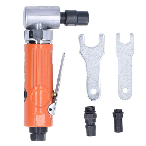 Badass 3/8 Inch Air Angle Die Grinder 20000 RPM right angle tool with aluminum grip and accessory attachments.