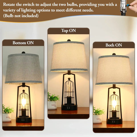 Rustic Industrial Table Lamps 2 Pack With USB Ports, dual light bedside nightstand lamps in various lighting options, modern farmhouse vibe.