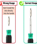 11-In-1 Screwdriver And Nut Driver Multi Tool With Phillips Flat Square And Star Bits For Electricians And DIY Pros Built To Roll For Quick Fixes And Everyday Carry Compact Lightweight All In One Tool showing correct and incorrect bit installation