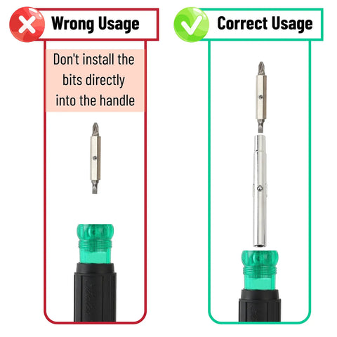 11-In-1 Screwdriver And Nut Driver Multi Tool With Phillips Flat Square And Star Bits For Electricians And DIY Pros Built To Roll For Quick Fixes And Everyday Carry Compact Lightweight All In One Tool showing correct and incorrect bit installation