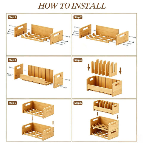 Assembly steps for 3 Piece Bamboo Water Bottle Organizer And Tumbler Lid Organizer Set with Two Tier Rack and Cup Lid Holder