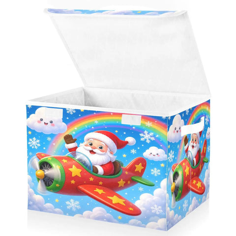 Heavy Duty Foldable Storage Bin With Lid And Handles For Bedroom Closet Organization Collapsible Shelf Boxes 300D Oxford Dustproof Flip Top Cover with Santa design.