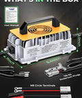 58.4V 18A Smart Battery Charger For 48V LiFePO4 Systems with accessories; includes user manual, connectors, and clips