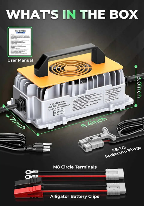 58.4V 18A Smart Battery Charger For 48V LiFePO4 Systems with accessories; includes user manual, connectors, and clips