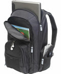 Hustle Hard Laptop Backpack For Up To 17 Inch Machines, Water Repellent Travel Daypack showing padded tech vault and pockets.