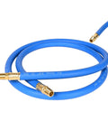 Retractable Air Hose Reel With Three Eighths Inch By Fifty Foot Hybrid Hose with brass fittings, coiled view