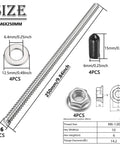 Two Piece M6x250mm Fully Threaded Rod Set In 304 Stainless Steel With Lock Nuts Flat Washers And Rubber End Caps For Anchor Bolts Clamps Hangers And U-Bolts Heavy Duty Hardware Kit with size annotations