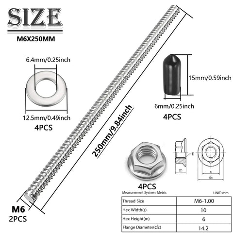 Two Piece M6x250mm Fully Threaded Rod Set In 304 Stainless Steel With Lock Nuts Flat Washers And Rubber End Caps For Anchor Bolts Clamps Hangers And U-Bolts Heavy Duty Hardware Kit with size annotations