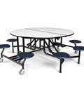 Mobile Folding 60-Inch Round Cafeteria Table With Casters And Eight Attached Stools Commercial Grade Space Saving Multipurpose Table