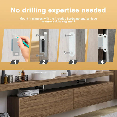 Installation steps for Heavy Duty Magnetic Door Catch Set For Cabinets And Drawers White Finish Six Pack on wood surface