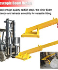 Heavy Hitter 4 Ton Telescopic Forklift Jib Boom Attachment With 8800 Lb Lift Capacity and Extendable Truss Arm for versatile lifting.