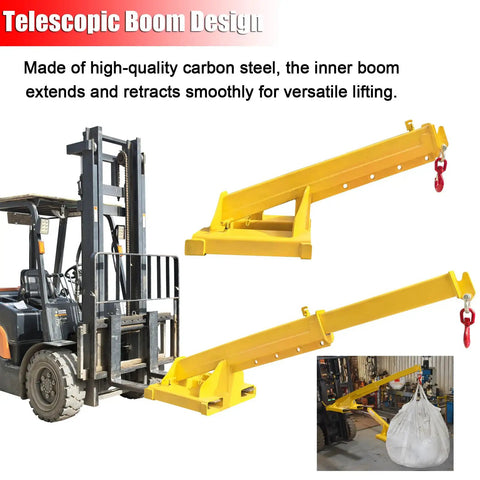 Heavy Hitter 4 Ton Telescopic Forklift Jib Boom Attachment With 8800 Lb Lift Capacity and Extendable Truss Arm for versatile lifting.