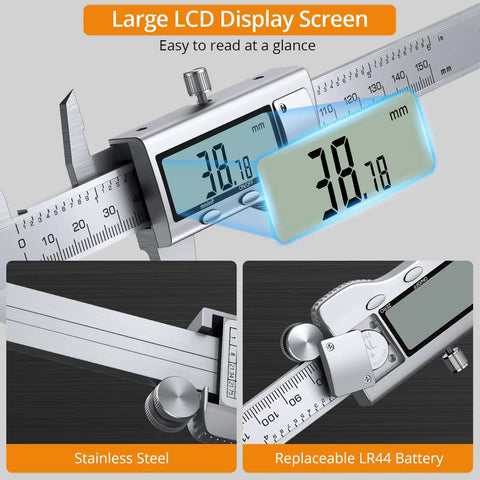 6 Inch Stainless Steel Digital Caliper With Feeler Gauge Set For Inside Outside Depth And Step Measurements, 0.001 Inch Precision, 0 to 6 Inch Range, LCD Display, Easy Read, Handy Machinist Tool For DIY Projects showing large LCD and stainless steel body