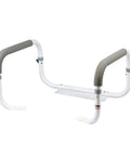 Straight Up Sturdy Toilet Safety Frame With Adjustable Width That Keeps Bath Time Breezy Ergonomic Grab Bars For Elderly And Handicap Post Surgery Recovery Supports Up To 300 Lbs Pack Of Two, with gray foam grips.
