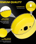 Front view of a yellow high-carbon-steel hole saw blade with jagged teeth, 1-1/4 to 2-1/8 inches (32–54 mm).
