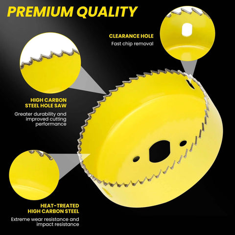 Front view of a yellow high-carbon-steel hole saw blade with jagged teeth, 1-1/4 to 2-1/8 inches (32–54 mm).