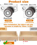 1 Inch Side Mount Caster Wheels Set Of 4 Non Swivel Rigid Mini Furniture Casters for DIY Projects, dimensions and before-after installation view.