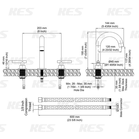 Technical diagram of Matte Black 8 Inch Widespread Bathroom Faucet With 3 Holes And Two Handles, Solid Brass Construction