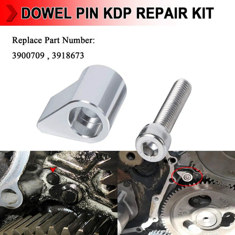 2 Pc Beefed Up Dowel Pin For 1989 To 1998 Cummins 12 Valve 5.9L Engine, CNC Anodized Aluminum 6061 T6, Prevents Dowel Backout, Boosts Timing Integrity, Heavy Duty Fitment For Diesel Trucks., silver dowel pin retainer and bolt shown with engine timing cover installation