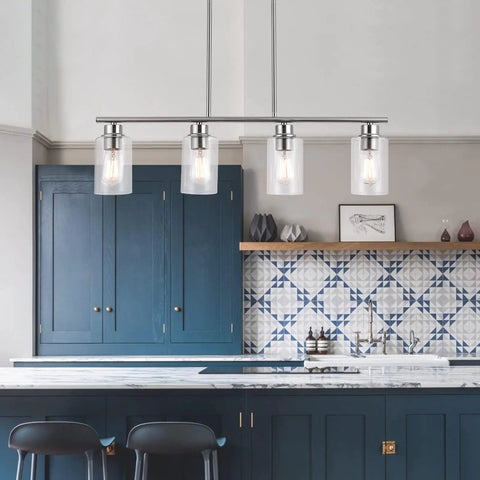 Farmhouse Industrial 4 Light Pendant Lighting for Kitchen Island and Dining Room with Clear Glass Shade in kitchen setting