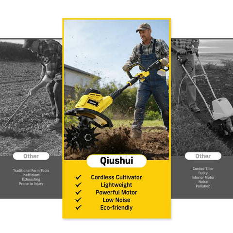 Man using Qiushui cordless cultivator in field; highlighted features like lightweight, eco-friendly, and low noise.
