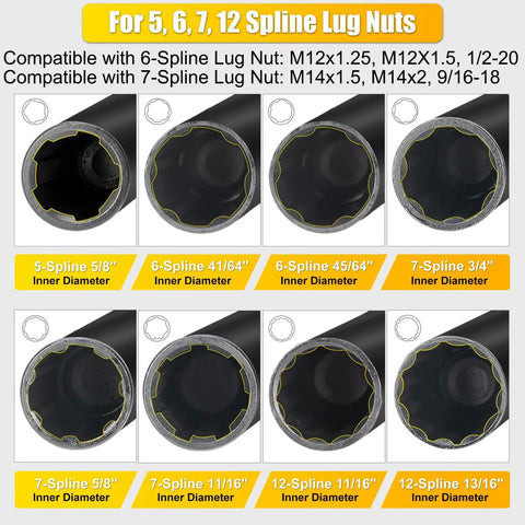 Heavy Duty Must Have Locking Lug Nut Master Key Set 16 Piece For Spline And Star Style Lug Nuts with spline sizes labeled