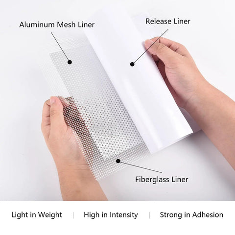 Close-up of hands holding 10 Inch Drywall Repair Patch Kit With Self Adhesive Aluminum Plasterboard Patches Quick Fix For Cracks In Walls And Ceilings Includes Scraper And Easy Peel Adhesive 8 Pieces, showing aluminum and fiberglass liners.