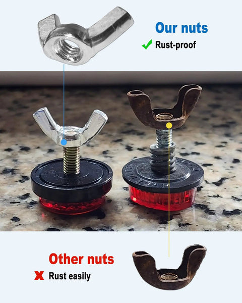 Comparison of rustproof and rusty hardware nuts for Chrome Stainless Steel Motorcycle License Plate Frame with Red Reflectors.