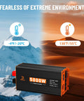 Heavy Duty 5000W Power Inverter Converts 12V DC To 120V AC With 3 AC Outlets And USB Type C Ports, showing extreme temperature ranges.