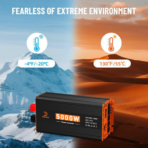 Heavy Duty 5000W Power Inverter Converts 12V DC To 120V AC With 3 AC Outlets And USB Type C Ports, showing extreme temperature ranges.