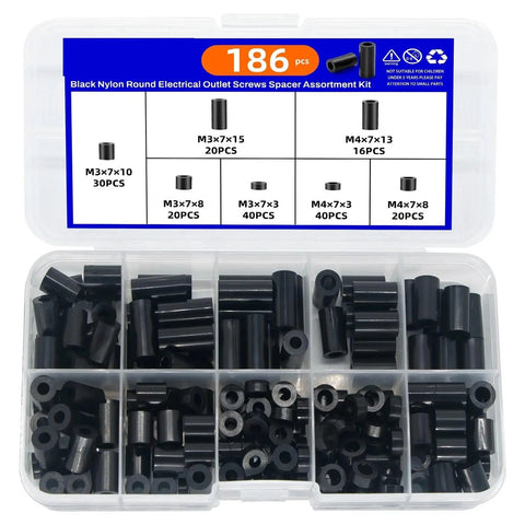 Black Nylon Spacer Kit 186 Piece Set For M3 And M4 Screws, Electrical Outlet Spacers, Auto And Computer Repair, DIY Jewelry Craft, Versatile Spacer Assortment For Electronics And Cars in plastic organizer