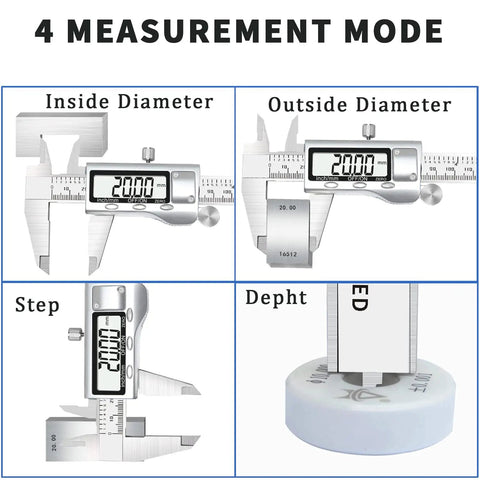 Stainless Steel 6 Inch Digital Caliper With Large LCD Screen Auto Off Inch Metric Conversion Vernier Caliper Measuring Tool showing 4 measurement modes