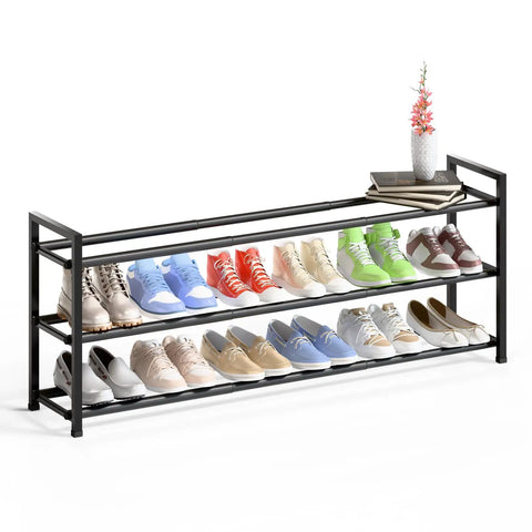 Expandable 3-Tier Shoe Rack For Closet And Entryway, Adjustable From 18 To 44 Inches, Fits 15-18 Pairs, Heavy-Duty Metal Black Shoe Organizer