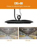 Close-up of 2 Pack 100W LED High Bay Lights for garage, shop and warehouse, showcasing CRI>80 for natural light, 5000K daylight.